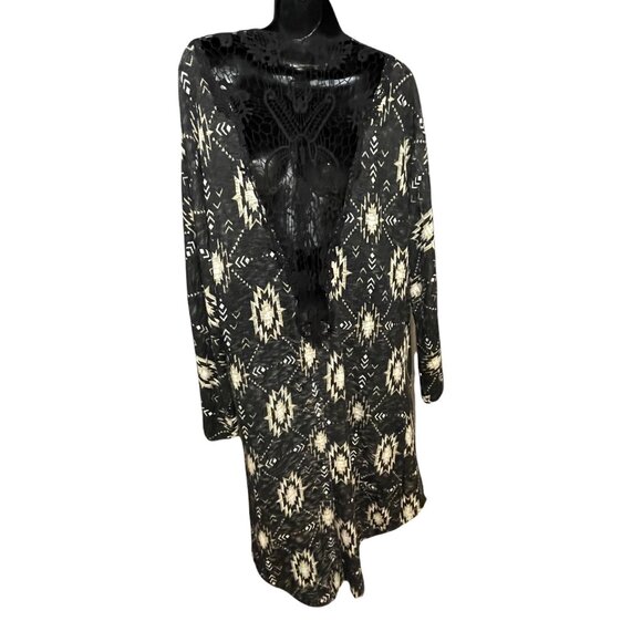 Xhilaration Womens Open-Front Cardigan M Black Aztec Print Lace-Back Long Sleeve - Picture 3 of 9